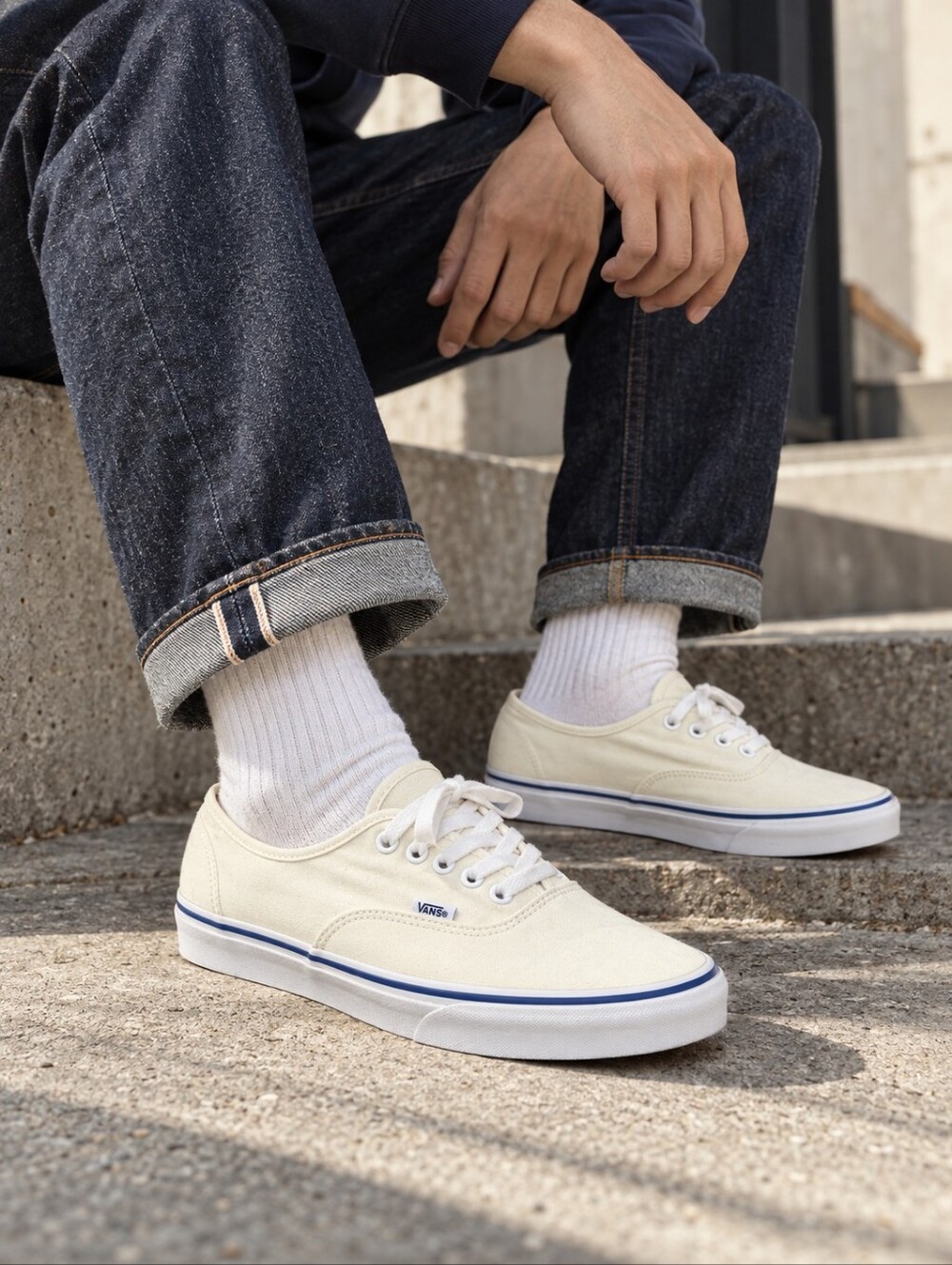 Vans Authentic Cream Canvas Sneakers Navy Stripe Off The Wall, Men's 15